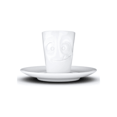 Tasse à expresso avec expression gourmande, langue tirée, vue de face