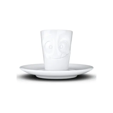 Tasse à expresso avec expression gourmande, langue tirée, vue de face