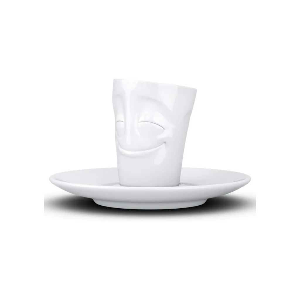 Tasse à expresso expressive, visage rieur, vue de trois-quarts