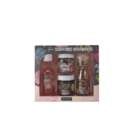 Coffret rétro contenant quatre produits sucrés artisanaux : sirop, sucre chocolat, bonbons, confiture