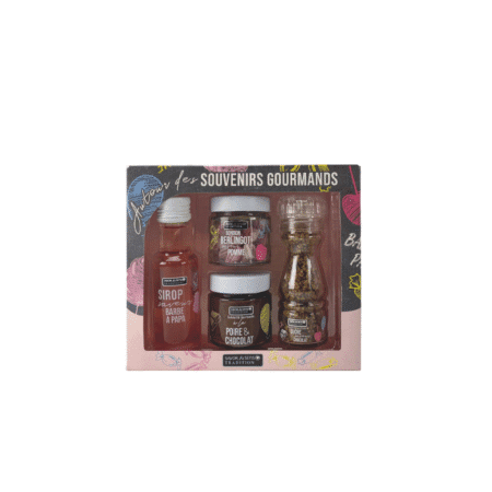 Coffret rétro contenant quatre produits sucrés artisanaux : sirop, sucre chocolat, bonbons, confiture