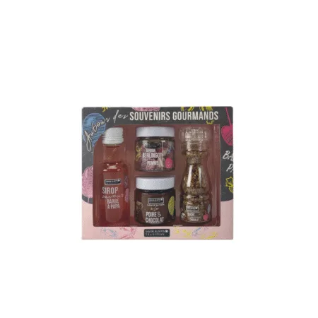 Coffret rétro contenant quatre produits sucrés artisanaux : sirop, sucre chocolat, bonbons, confiture