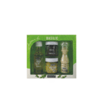 Coffret contenant huile d’olive basilic, sel au parmesan basilic, pistou provençal et moutarde au basilic