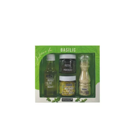 Coffret contenant huile d’olive basilic, sel au parmesan basilic, pistou provençal et moutarde au basilic