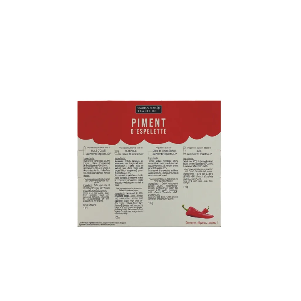Coffret contenant huile, sel, moutarde et tomates au piment d’Espelette AOP