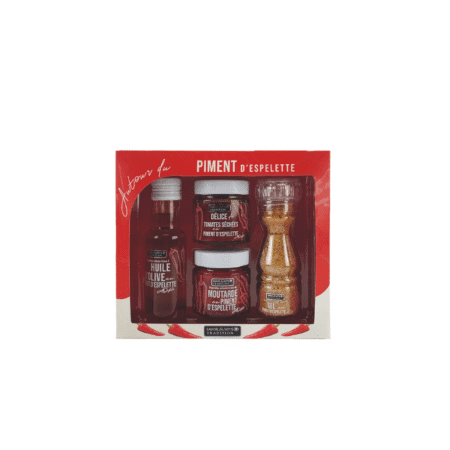 Coffret contenant huile, sel, moutarde et tomates au piment d’Espelette AOP