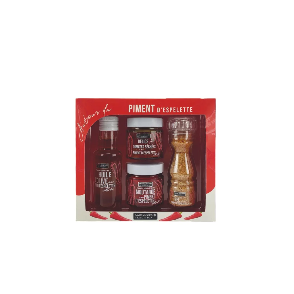 Coffret contenant huile, sel, moutarde et tomates au piment d’Espelette AOP