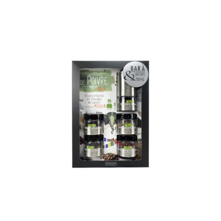 Coffret de 5 moulins à poivre bio du monde Savor & Sens, flacons en verre, design élégant