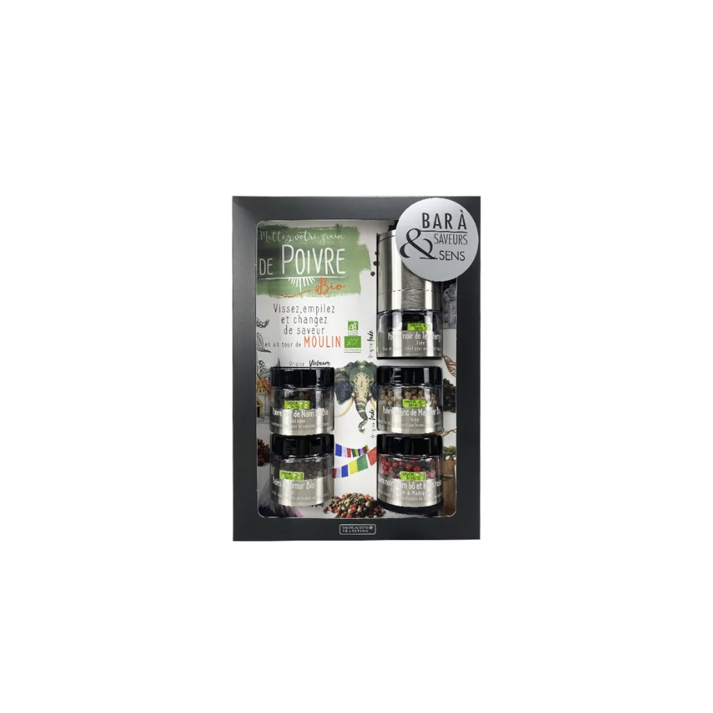 Coffret de 5 moulins à poivre bio du monde Savor & Sens, flacons en verre, design élégant