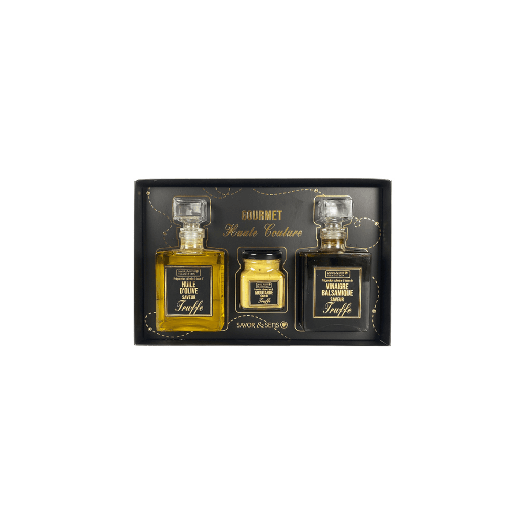 Coffret contenant huile d’olive, vinaigre balsamique et moutarde à la truffe