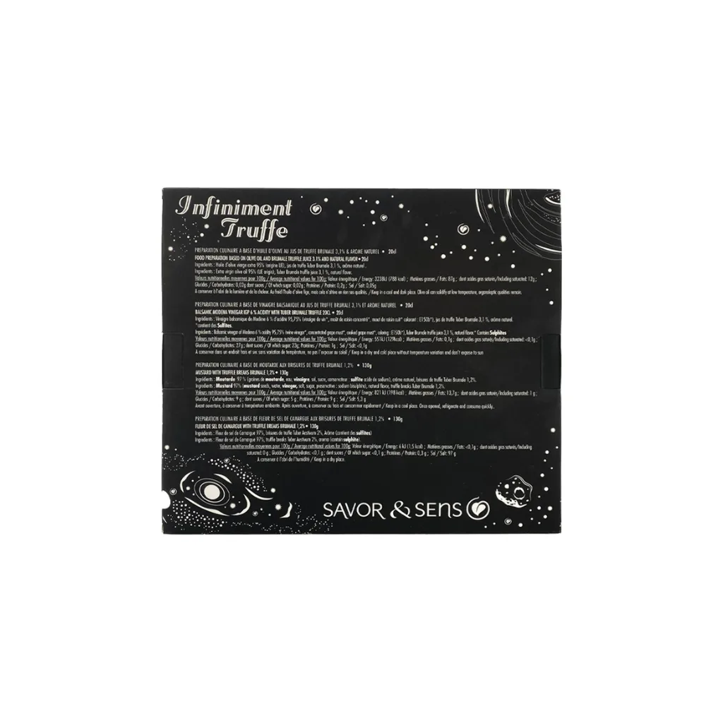 Coffret composé de 4 produits à base de truffe : huile, vinaigre, moutarde, sel