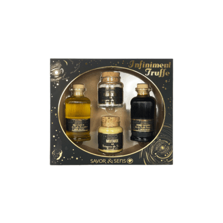Vue intérieure du coffret avec huile, vinaigre, moutarde et sel à la truffe