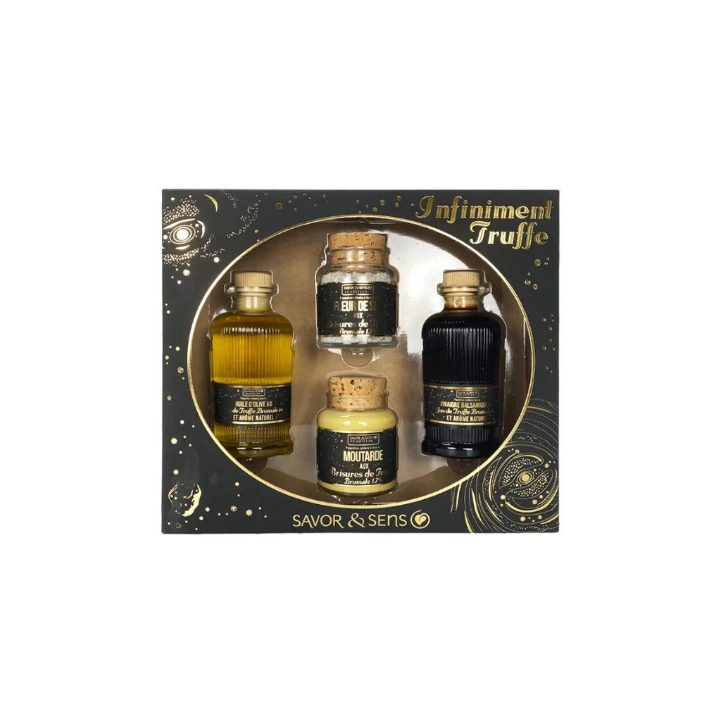 Vue intérieure du coffret avec huile, vinaigre, moutarde et sel à la truffe