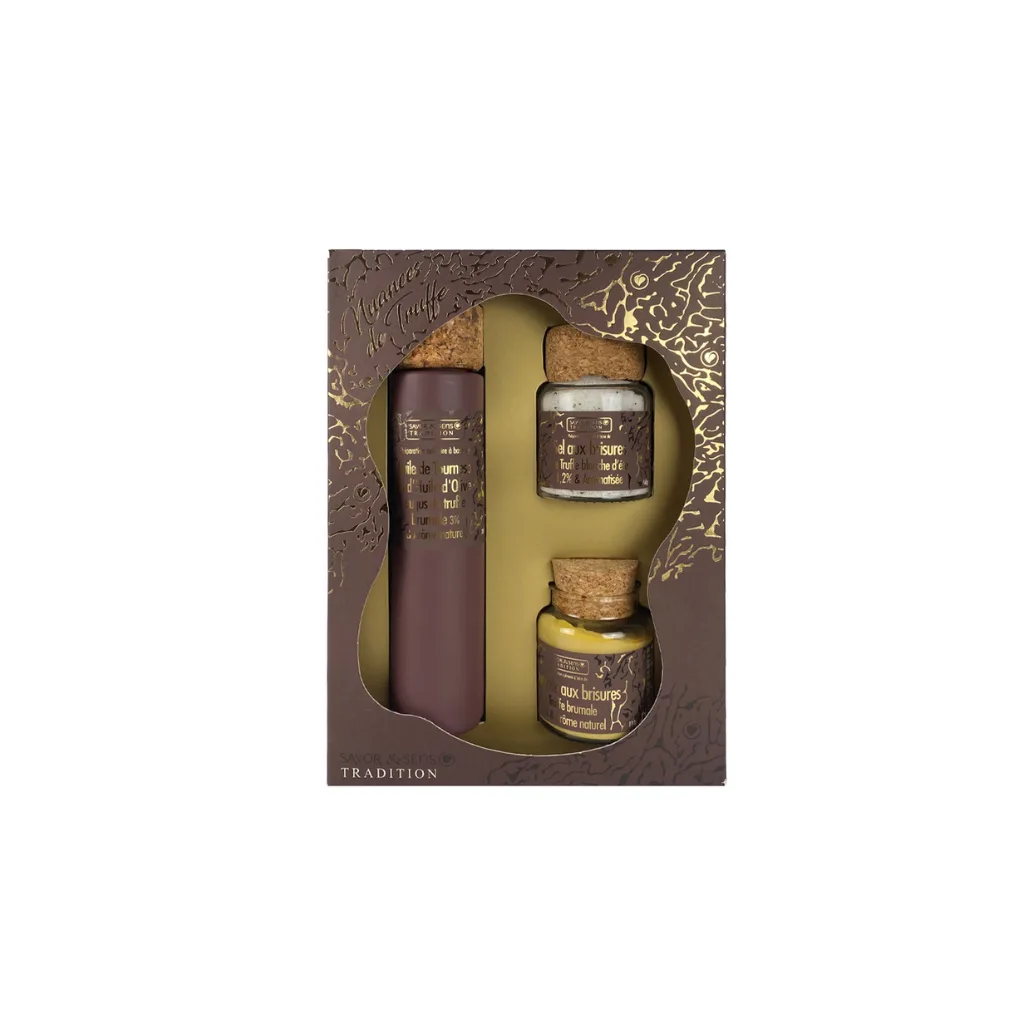 Coffret élégant comprenant huile truffée, sel truffé et moutarde truffée