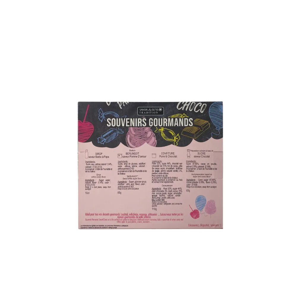 Coffret rétro contenant quatre produits sucrés artisanaux : sirop, sucre chocolat, bonbons, confiture