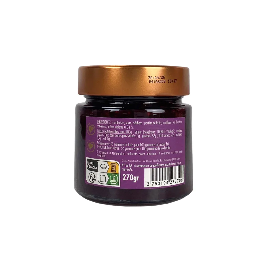 Vue rapprochée du pot de confiserie framboise violette