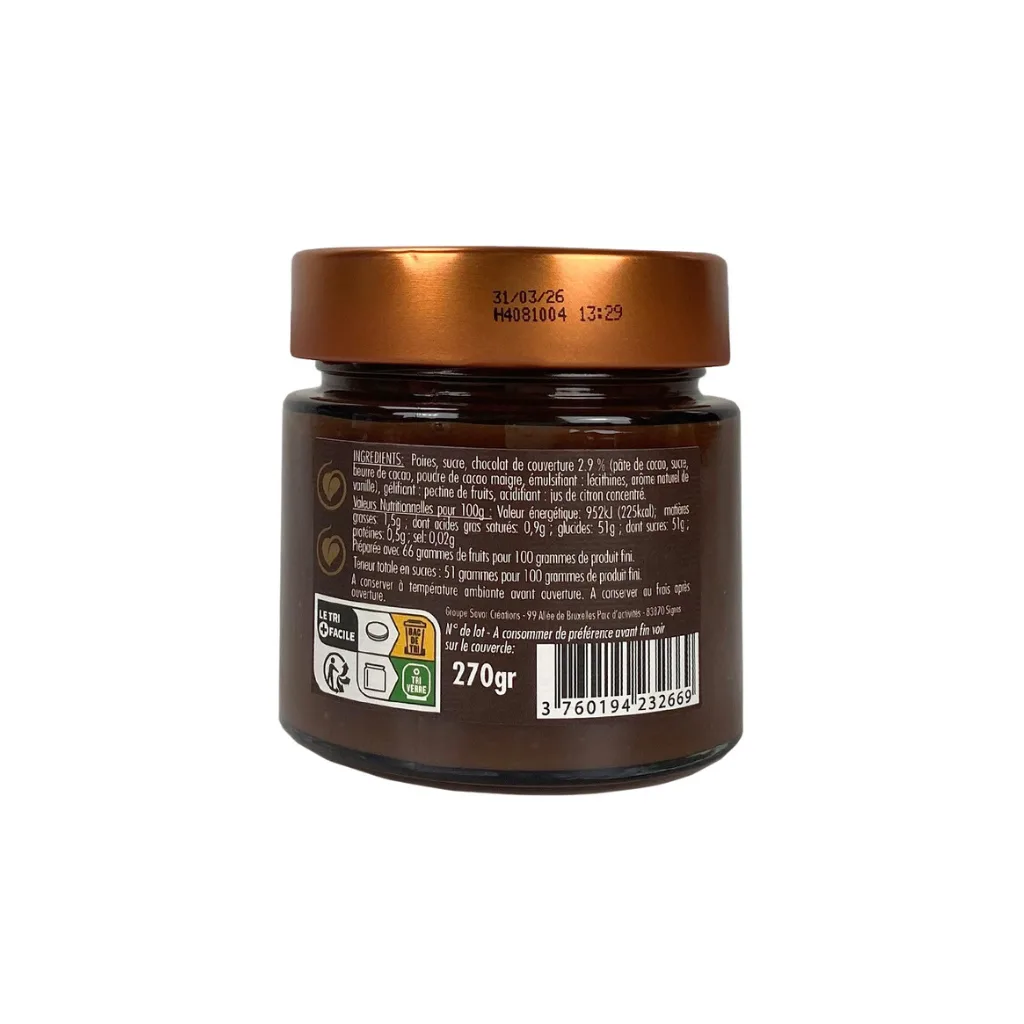 Pot de spécialité sucrée poire chocolat