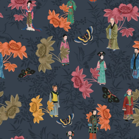 Serviettes Amsterdam Chinoiserie avec motifs asiatiques colorés sur fond ble