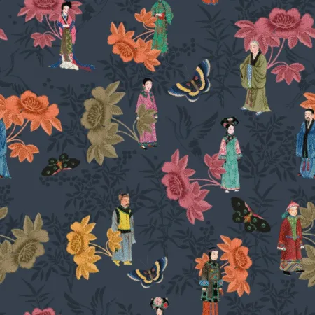 Serviettes Amsterdam Chinoiserie avec motifs asiatiques colorés sur fond ble