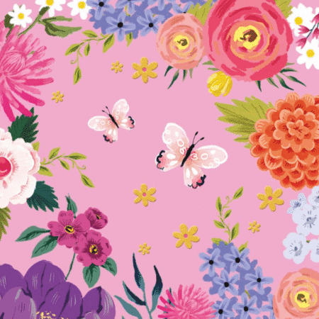 Serviettes Anna avec papillons et fleurs sur fond rose vif