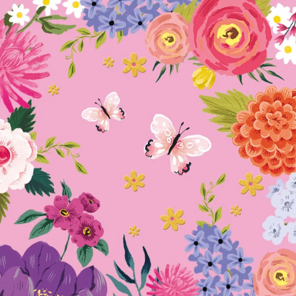 Serviettes Anna avec papillons et fleurs sur fond rose vif