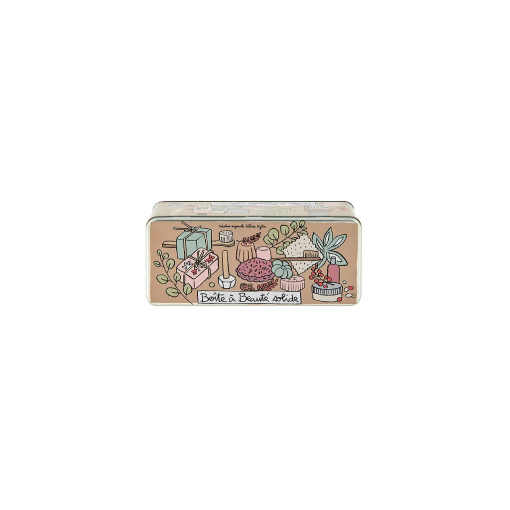 Boîte de rangement pour cosmétiques solides en métal avec couvercle illustré
