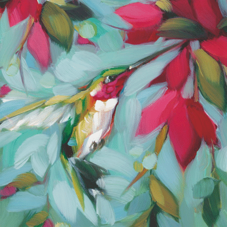 Serviette Colibri Flowers avec colibri vert et rose buvant dans une fleur sur fond bleu