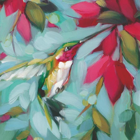 Serviette Colibri Flowers avec colibri vert et rose buvant dans une fleur sur fond bleu