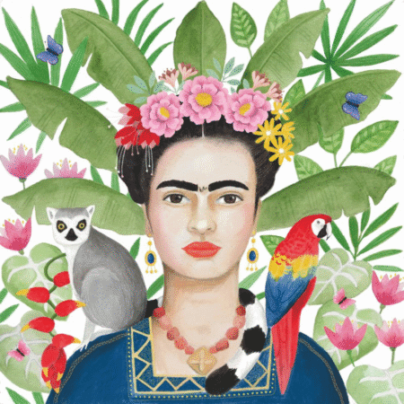 Serviette Coyoacán avec Frida, ara rouge, lémurien et plantes tropicales sur fond blanc