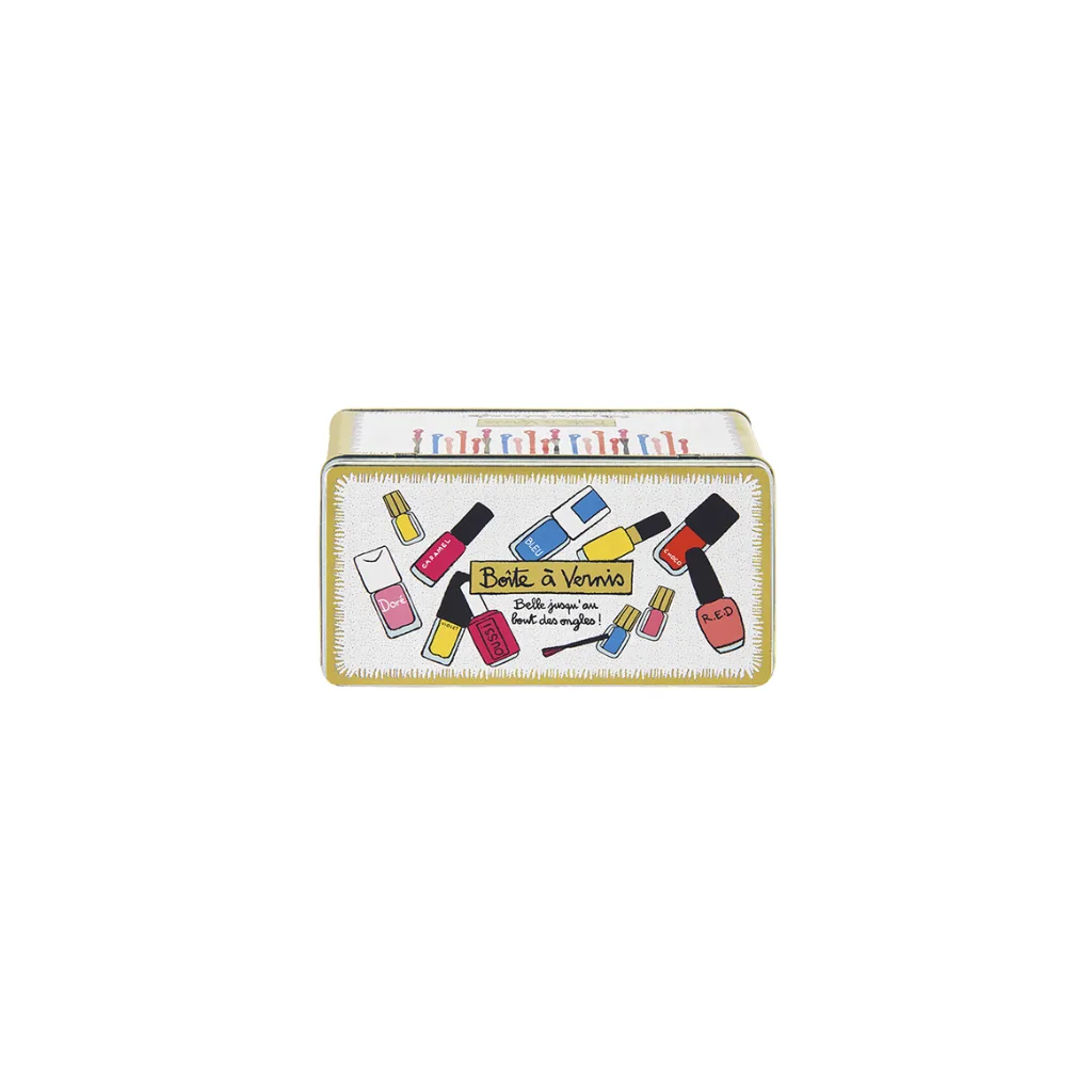 Boîte à vernis en métal rectangulaire avec illustration et couvercle à charnière
