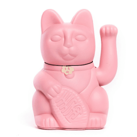 Chat porte-bonheur rose bubble-gum avec patte mobile