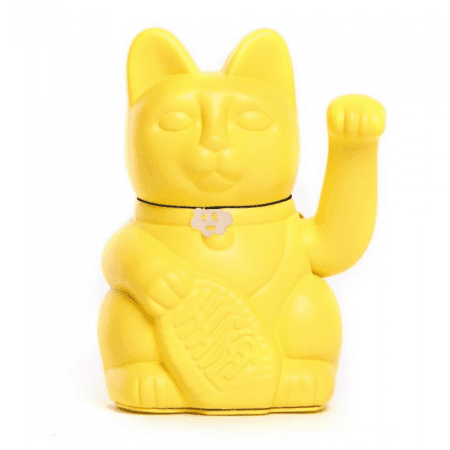 Chat jaune citron avec patte mobile, porte-bonheur argent