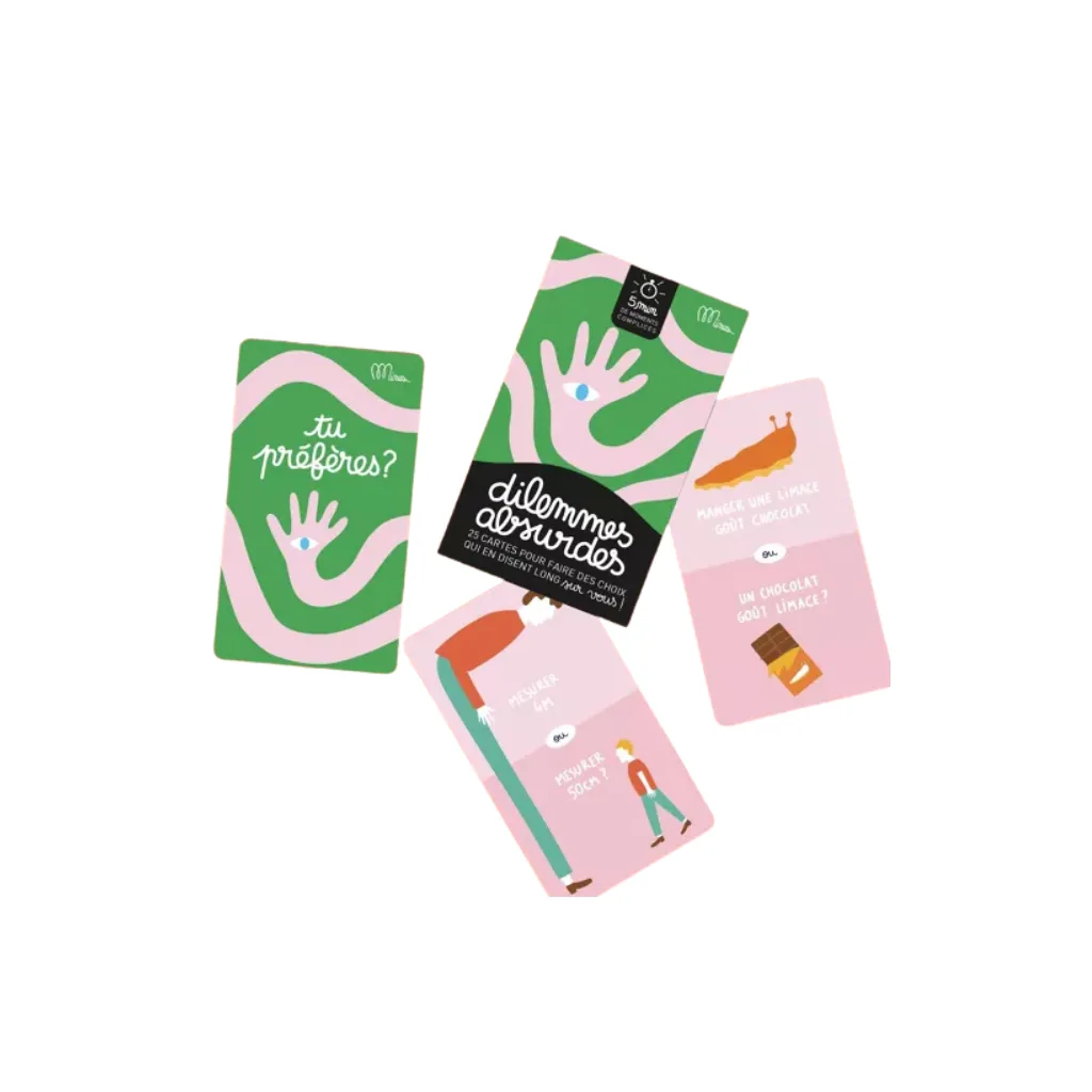 Jeu de 25 cartes "DILEMMES ABSURDES" de Minus Éditions, couverture illustrée, format 10 × 15 cm