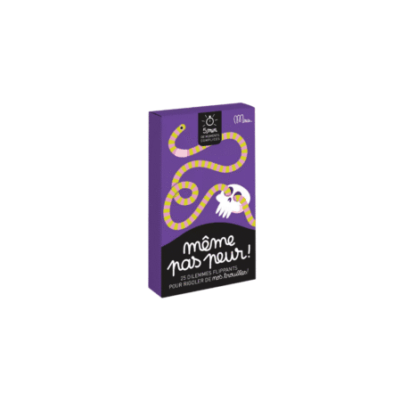 Jeu de 25 cartes "MÊME PAS PEUR !" de Minus Éditions, couverture violette illustrée, format 10 × 15 cm