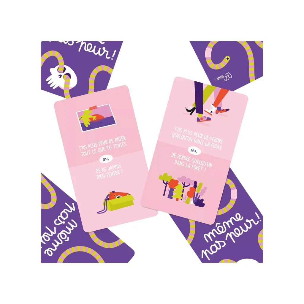 Jeu de 25 cartes "MÊME PAS PEUR !" de Minus Éditions, couverture violette illustrée, format 10 × 15 cm