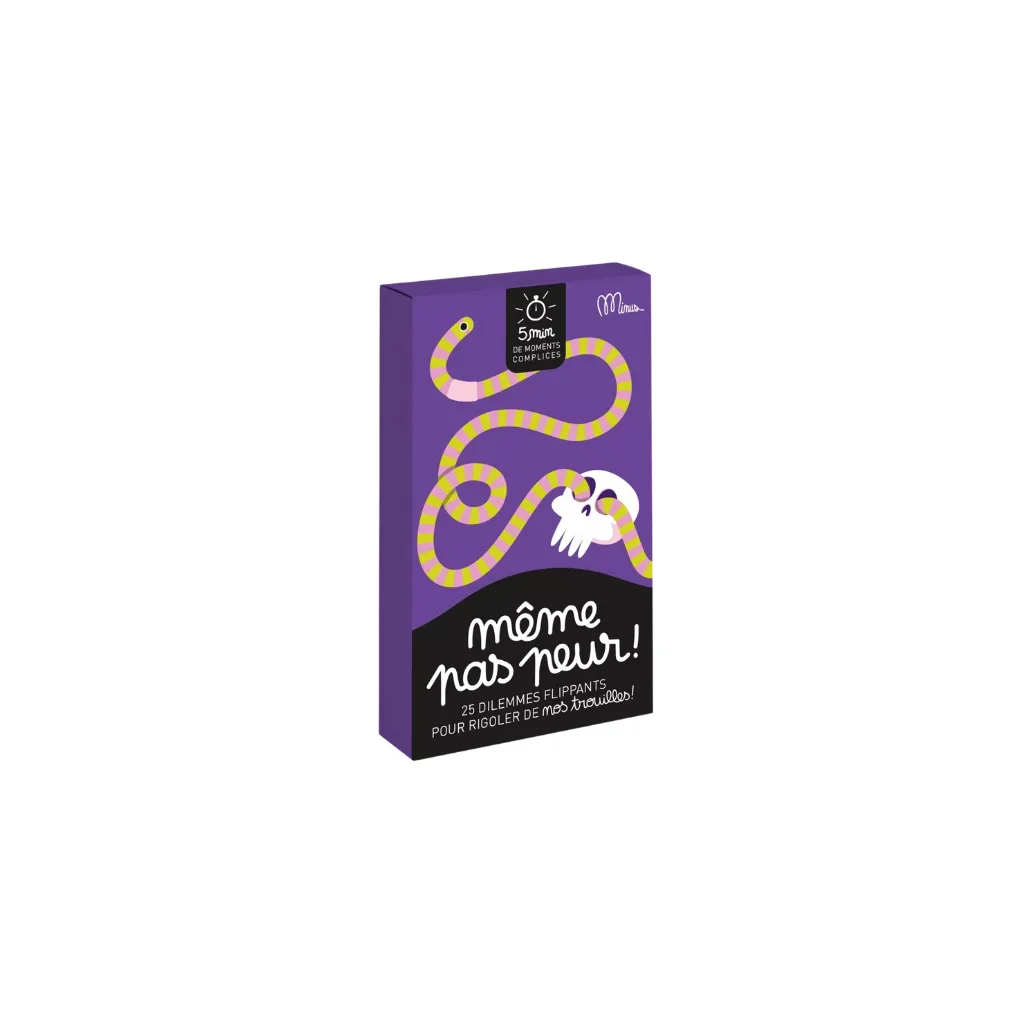 Jeu de 25 cartes "MÊME PAS PEUR !" de Minus Éditions, couverture violette illustrée, format 10 × 15 cm