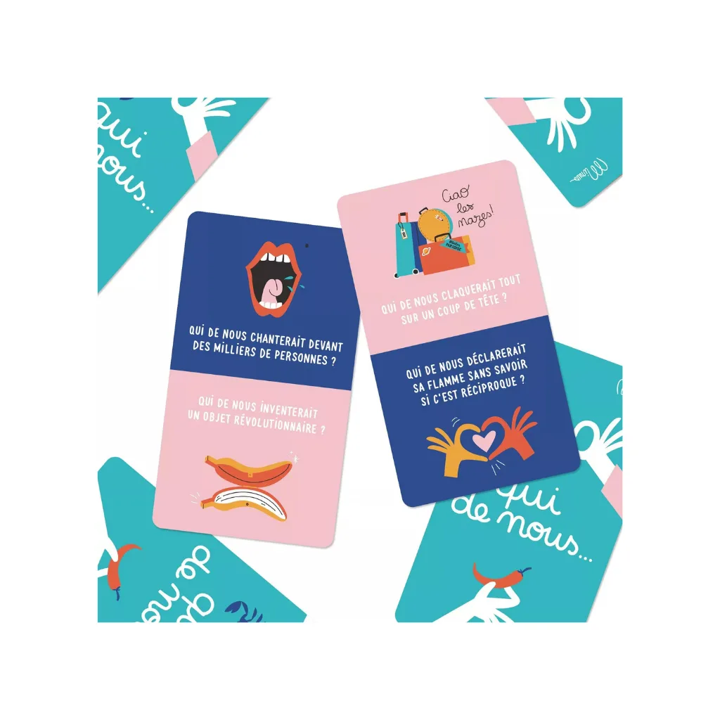 Jeu de 25 cartes "Qui de nous ?" de Minus Éditions, couverture illustrée, format 10 × 15 cm