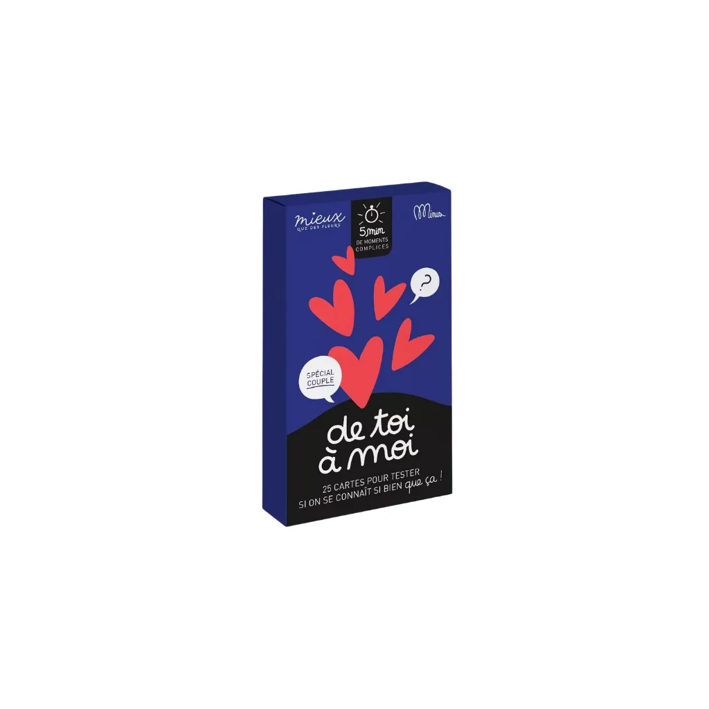 Jeu de 25 cartes "De toi à moi – Spécial Couple" de Minus Éditions, couverture illustrée, format 8 × 14 cm