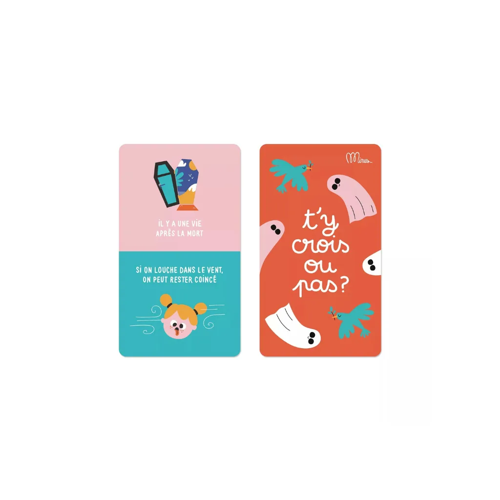 Jeu de 25 cartes "T'y crois ou pas ?" de Minus Éditions, couverture orange illustrée, format 10 × 15 cm
