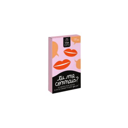 Jeu de 25 cartes "Tu me connais ?" de Minus Éditions, couverture rose illustrée, format 10 × 15 cm