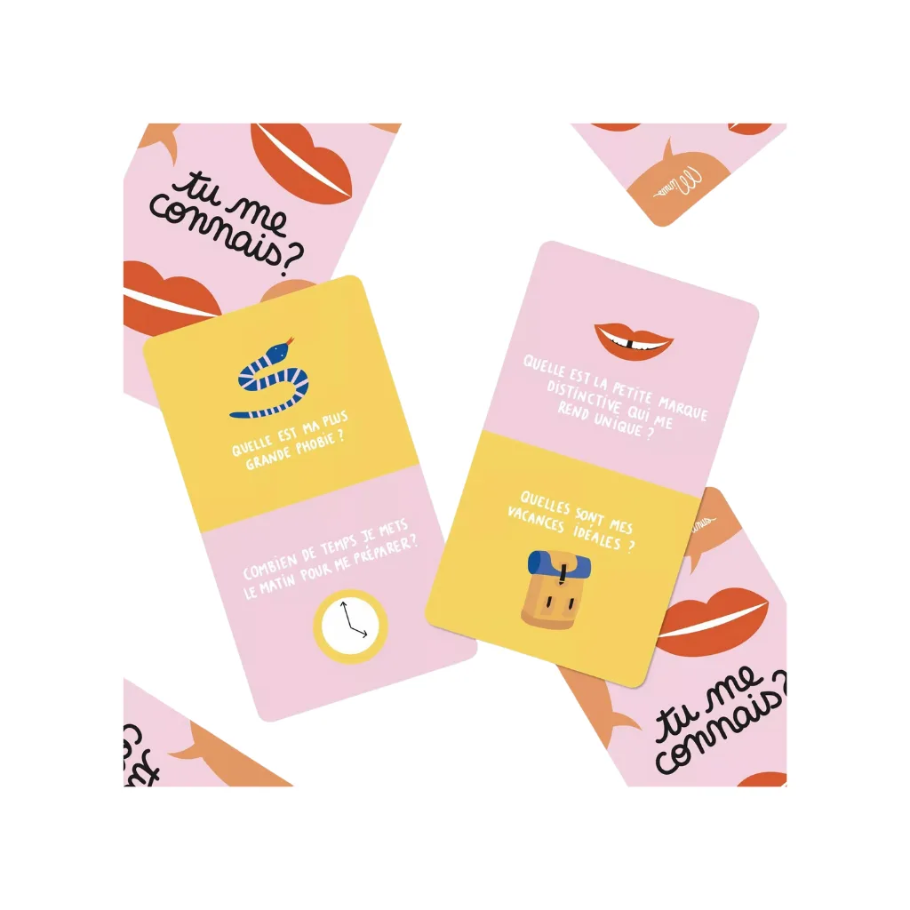 Jeu de 25 cartes "Tu me connais ?" de Minus Éditions, couverture rose illustrée, format 10 × 15 cm