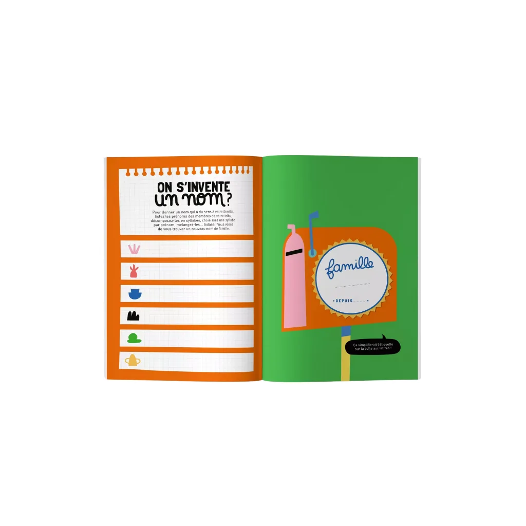 Cahier “Ma Tribu Recomposée” de Minus Éditions, couverture souple verte, format 15 × 21 cm