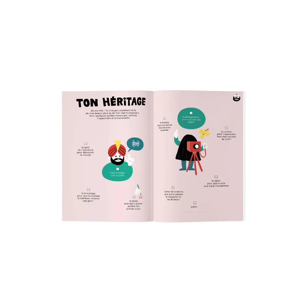 Cahier d’activités ‘Tel père, telle fille ?’ de Minus Éditions, couverture corail, format 15 × 21 cm