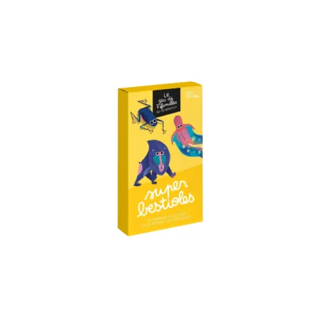 Boîte du jeu de 7 familles ‘Super Bestioles’ de Minus Éditions, jaune vif, format compact