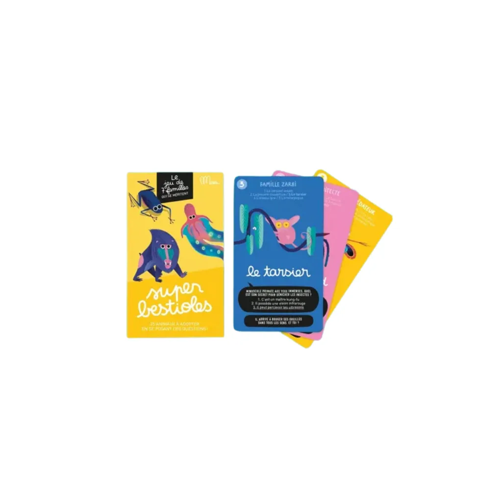 Cartes illustrées du jeu Super Bestioles avec animaux exotiques et design coloré