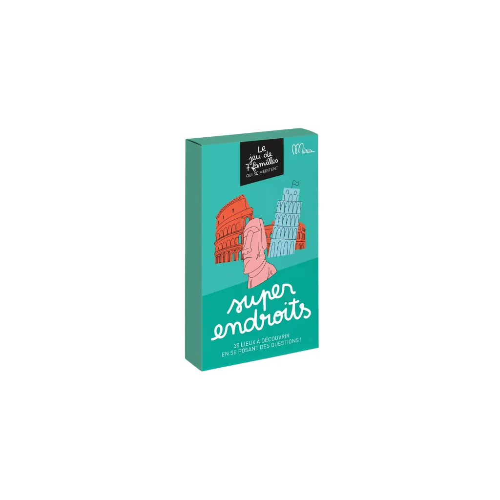 Boîte du jeu de 7 familles ‘Super Endroits’ de Minus Éditions, vert menthe, format compact