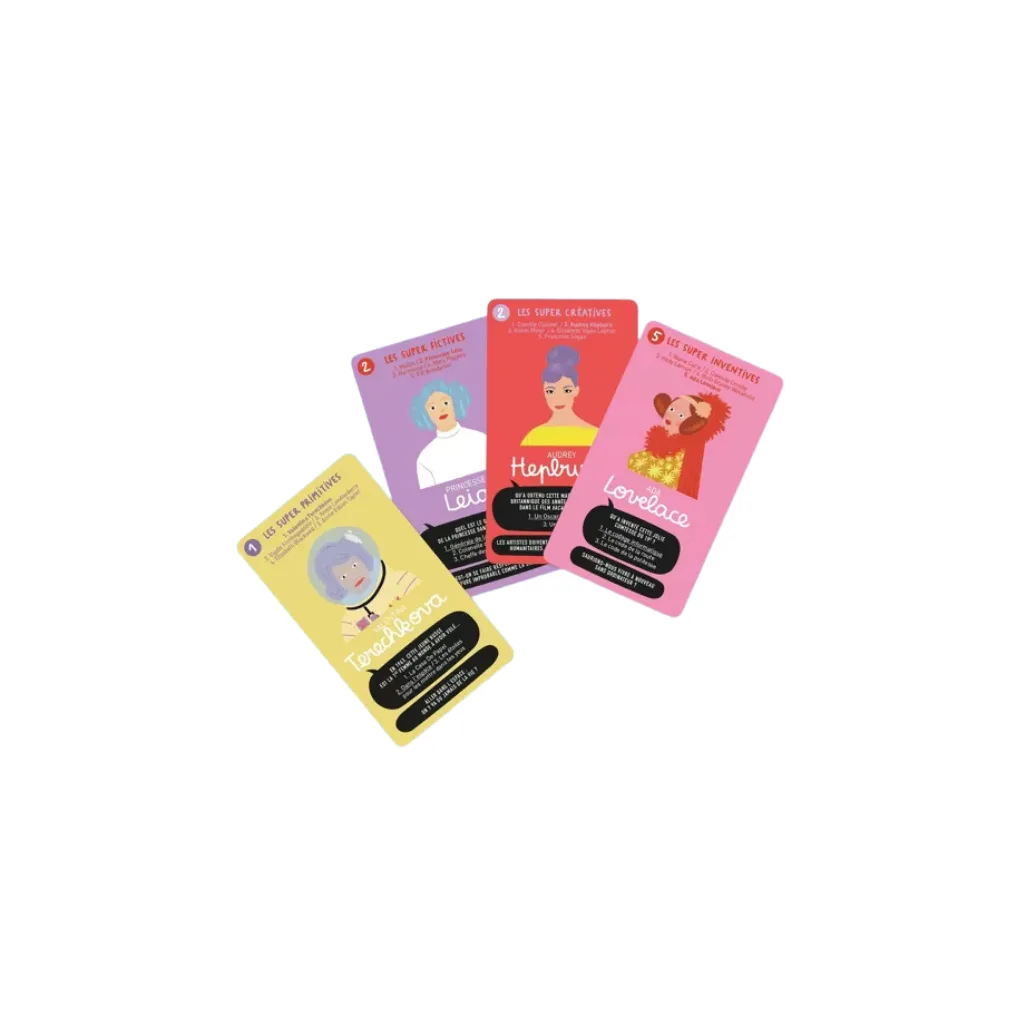 Boîte du jeu de 7 familles « Super Nanas » de Minus Éditions, fond violet, illustration minimaliste