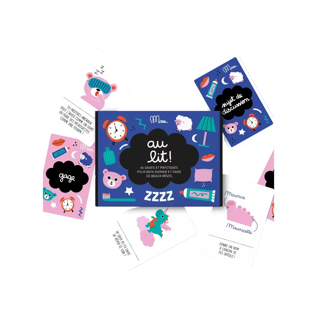 Boîte du kit de discussion ‘Au lit !’ de Minus Éditions, bleu nuit, format compact