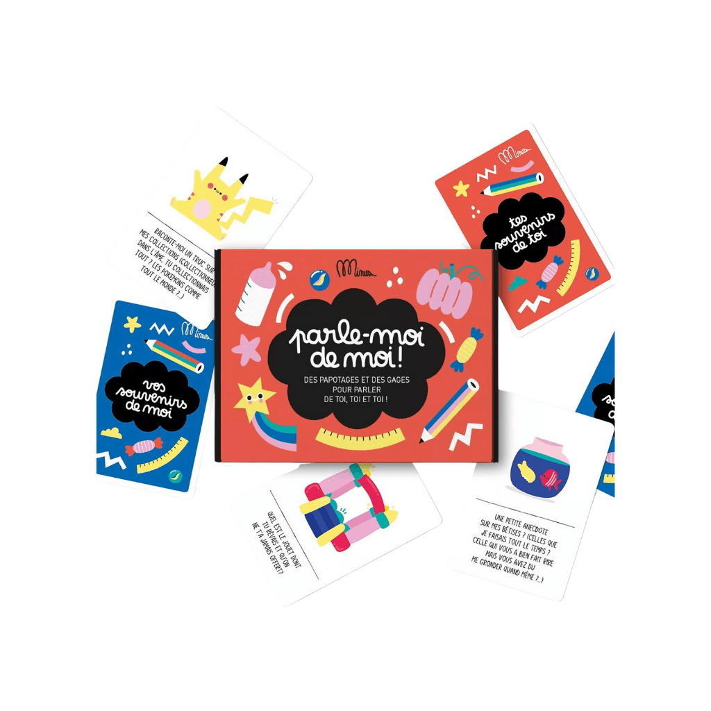 Boîte du jeu Parle‑Moi de Moi ! de Minus Editions, couleurs vives (rouge/orange), format compact