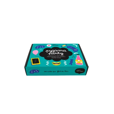 Boîte du kit de discussion PYJAMA PARTY de Minus Editions, coloris noir et turquoise, sur fond clair